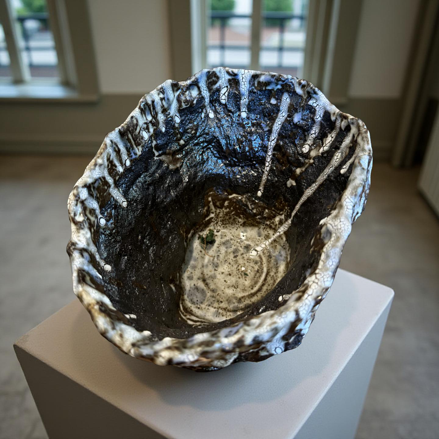 Volcanic Textured Ceramic Vessel – Crackled Glaze Sculpture