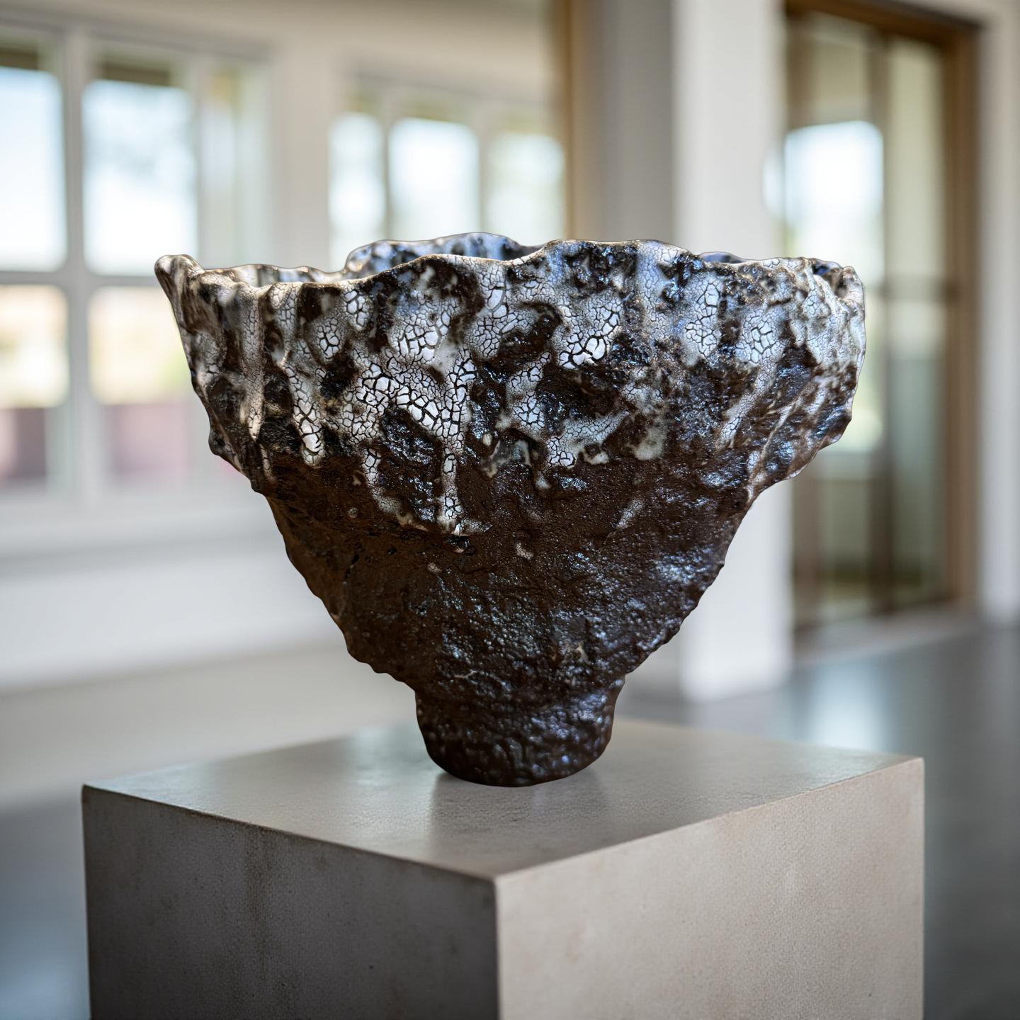 Volcanic Textured Ceramic Vessel – Crackled Glaze Sculpture