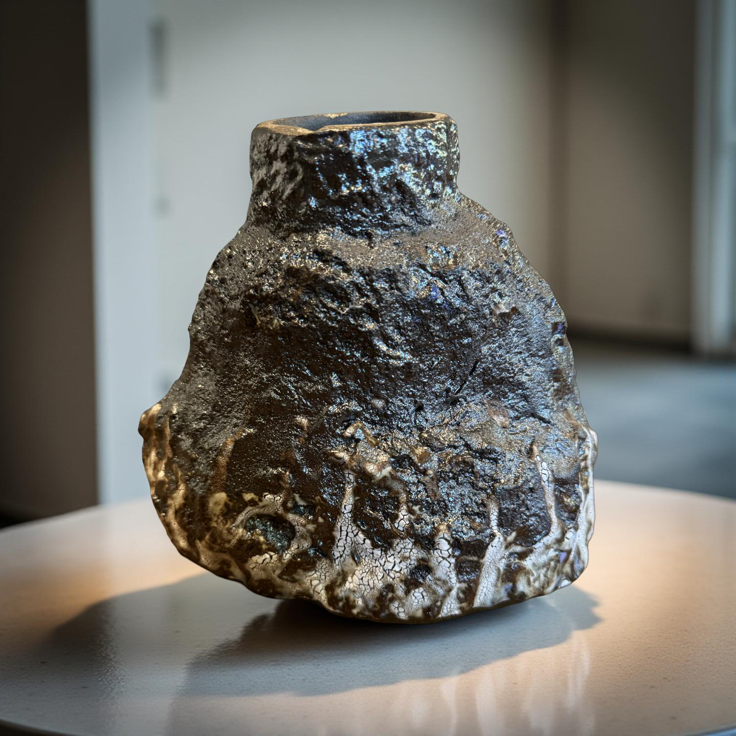 Volcanic Textured Ceramic Vessel – Crackled Glaze Sculpture