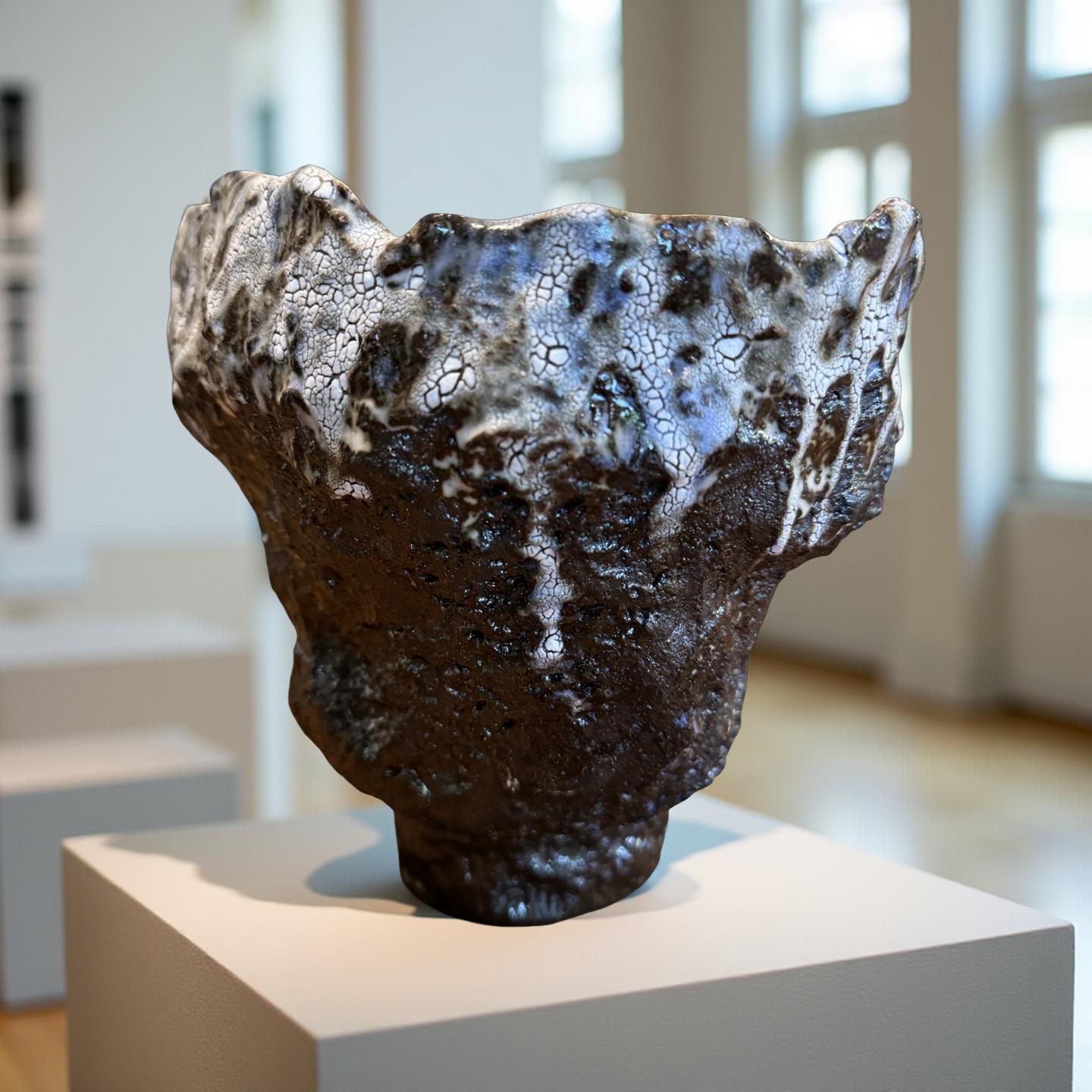 Volcanic Textured Ceramic Vessel – Crackled Glaze Sculpture