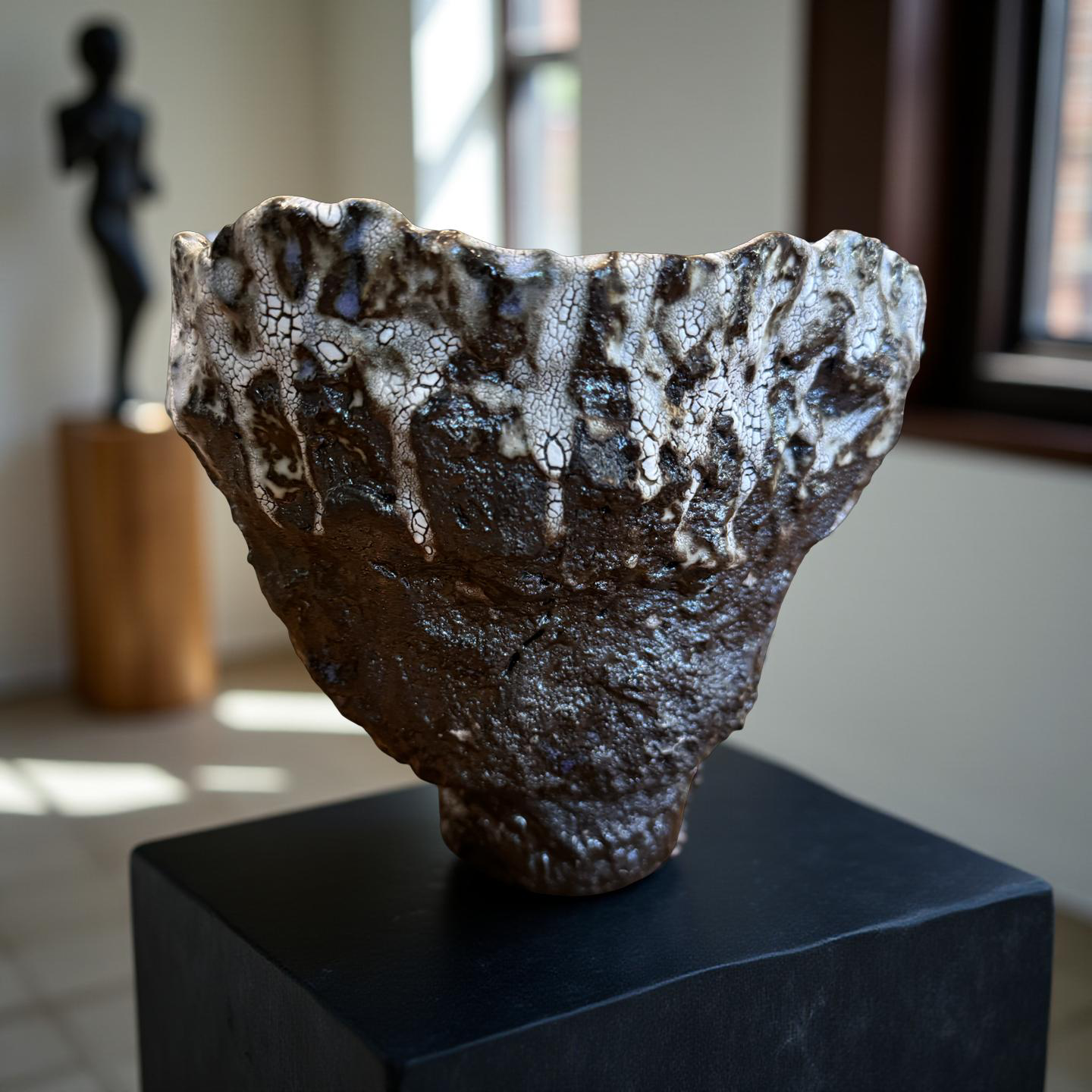 Volcanic Textured Ceramic Vessel – Crackled Glaze Sculpture