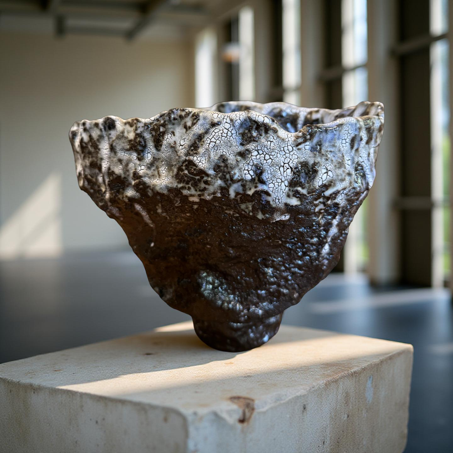 Volcanic Textured Ceramic Vessel – Crackled Glaze Sculpture