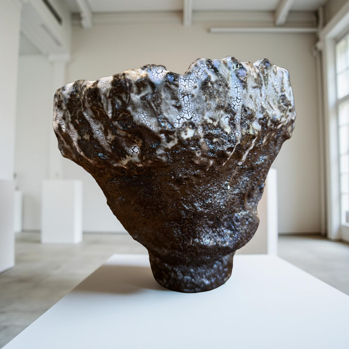 Volcanic Textured Ceramic Vessel – Crackled Glaze Sculpture