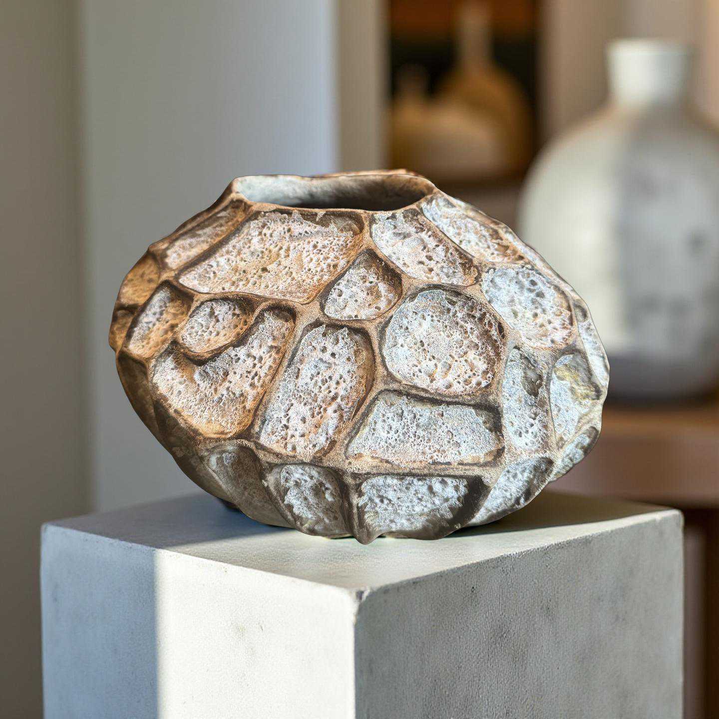 Organic Lava Stone-Textured Ceramic Vessel | Hand-Sculpted Art Pottery with Natural Earth Tones