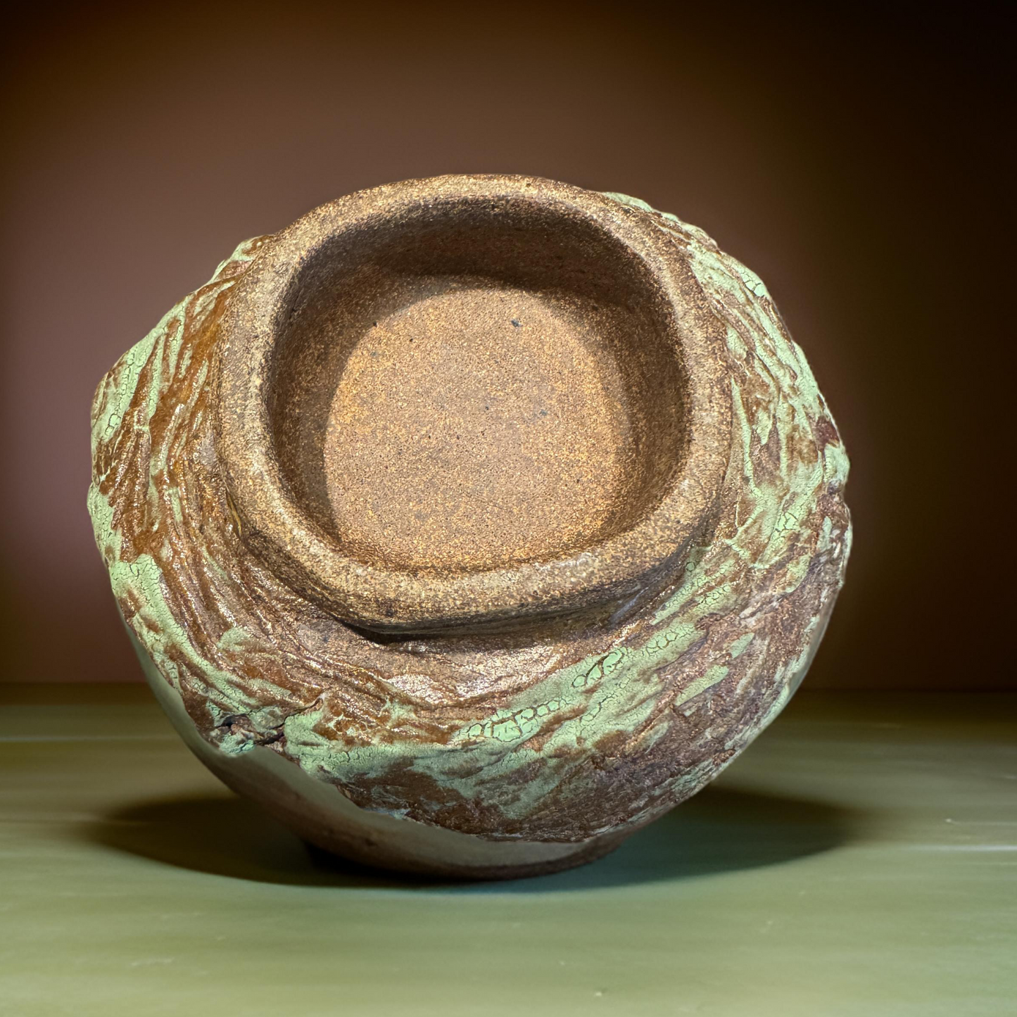 Unique Hand Made Green & Brown Rustic Ceramic Vase