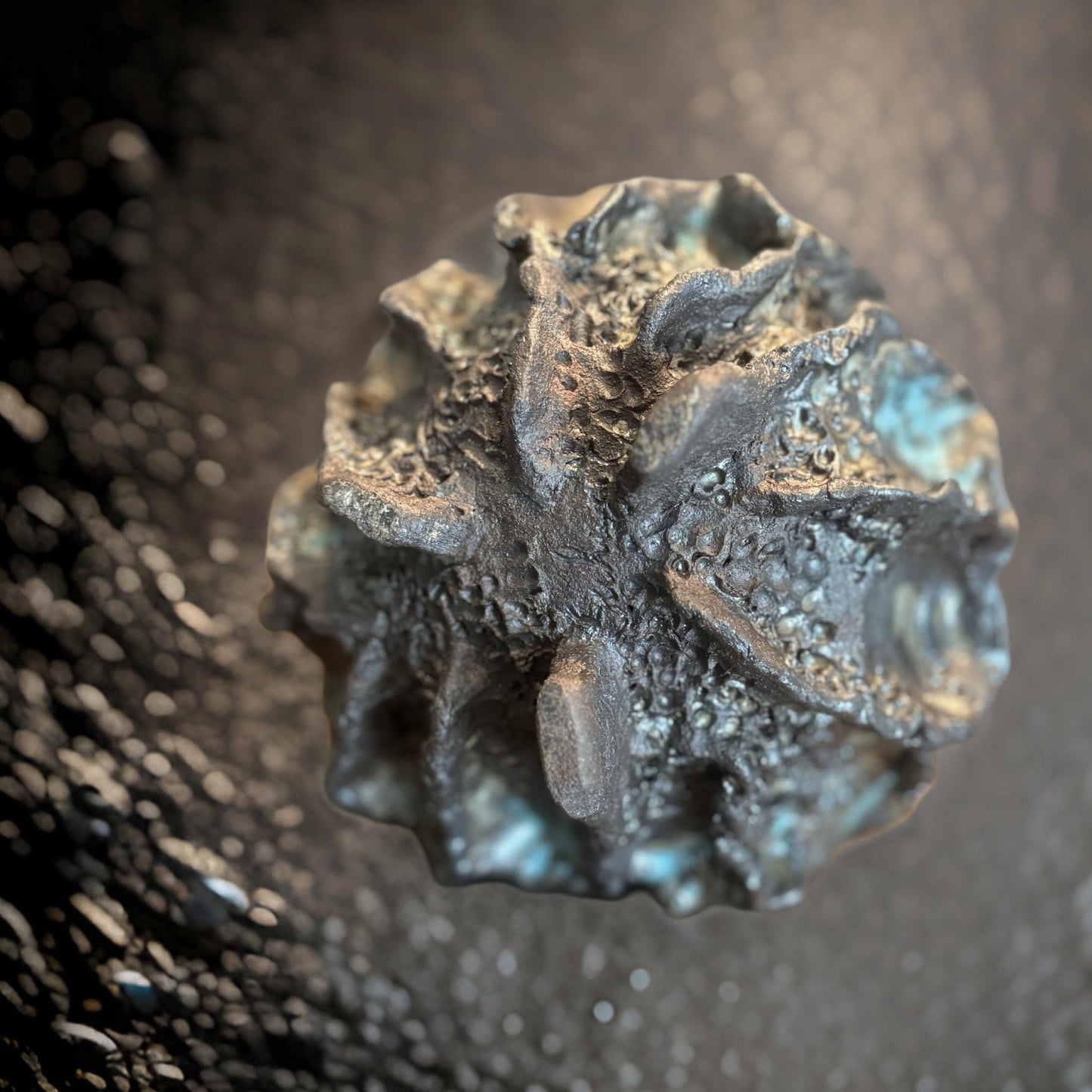Hand-Built Art Ceramic Lava Bloom – Textured Ceramic Sculpture with Iridescent Blue Highlights