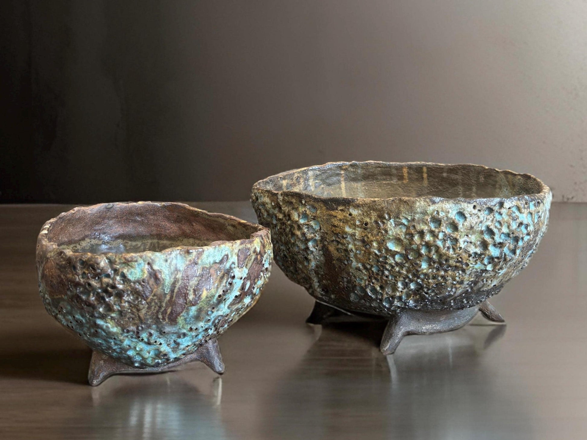 Handbuilt Ceramic Tripod Bowl with Volcanic Texture