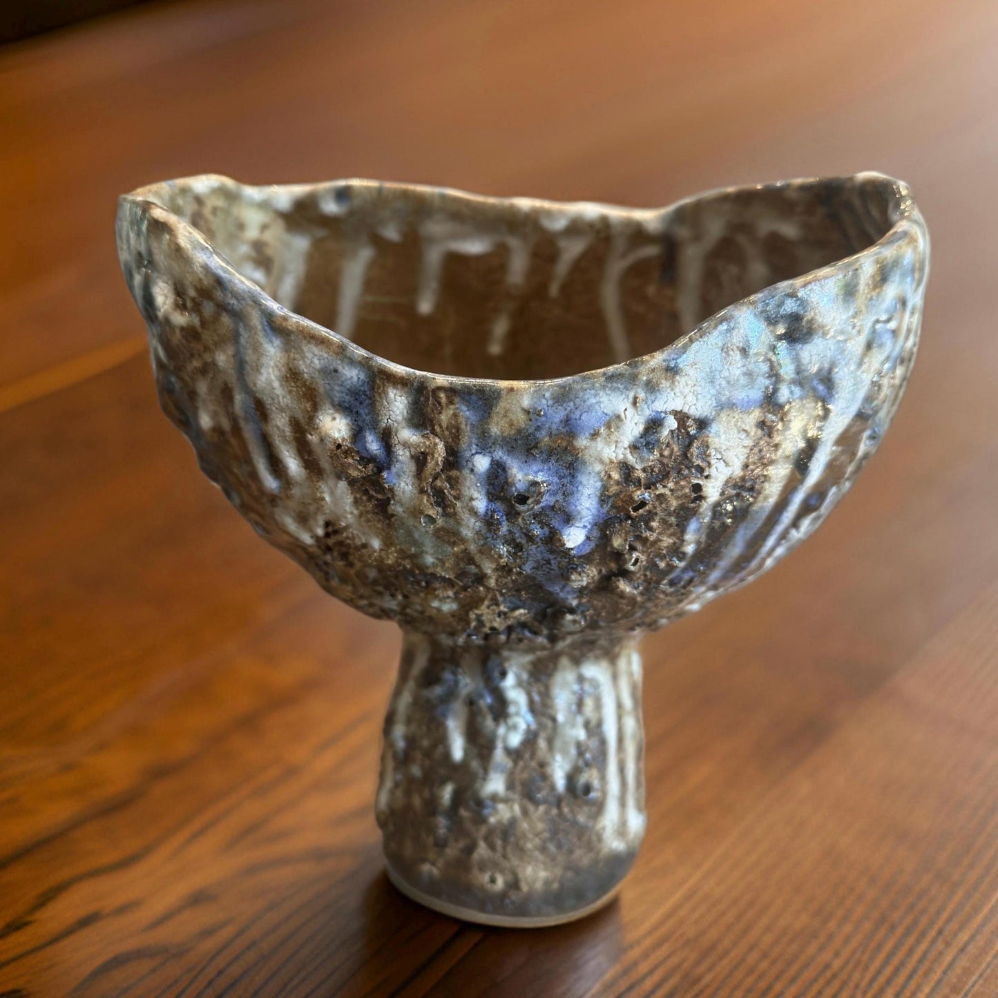 Handmade Ceramic Vase: Brown, White & Blue Glazed Crackle Decor