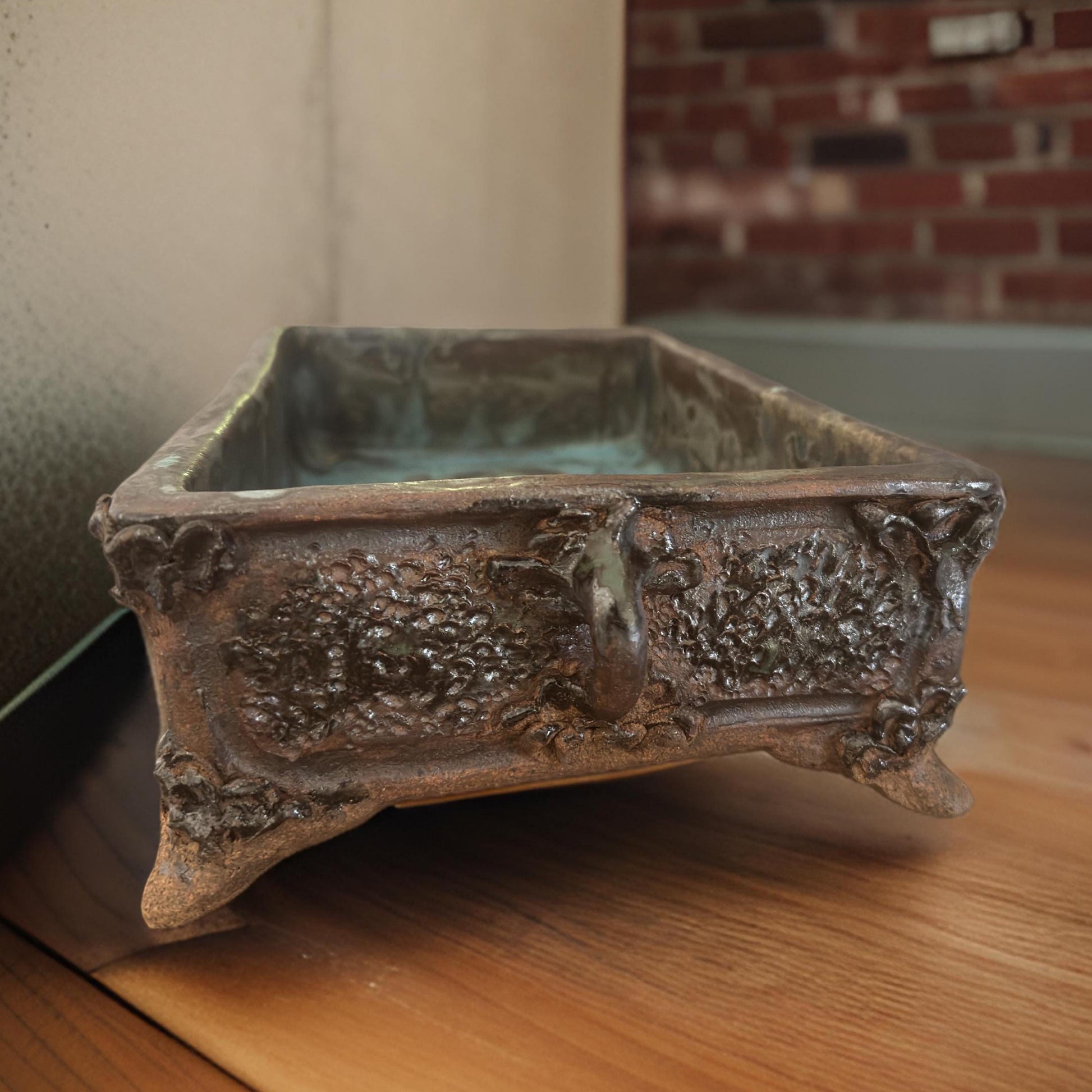 Handmade Ceramic Ikebana Vase: Turquoise Interior, Antique Style