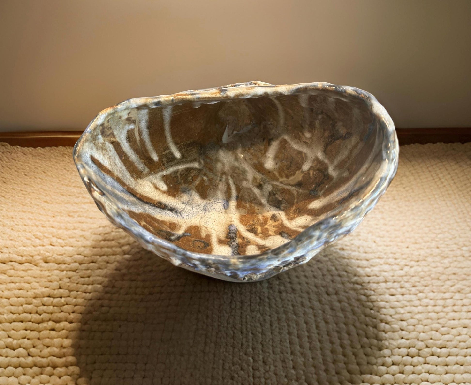 Handmade Ceramic Vase: Brown, White & Blue Glazed Crackle Decor