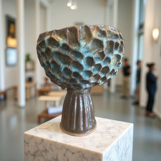 A ceramic vase with an intricate honeycomb texture and a flared top is displayed on a marble pedestal. The surface features a blend of earthy browns and muted blues, giving it a weathered, organic look.