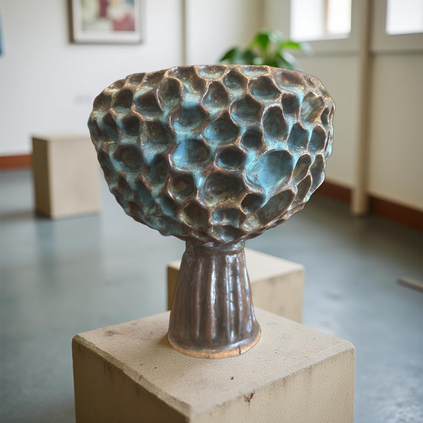 Handmade Ceramic Vase: Turquoise Bronze Rustic Honeycomb Texture