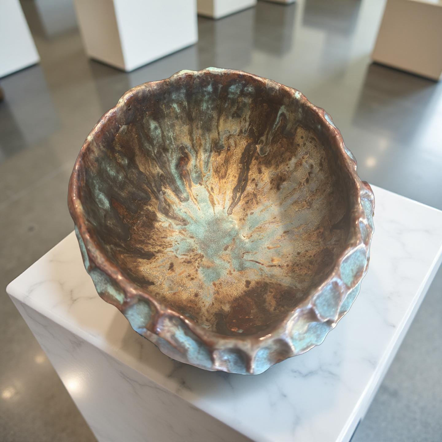 Handmade Ceramic Vase: Turquoise Bronze Rustic Honeycomb Texture