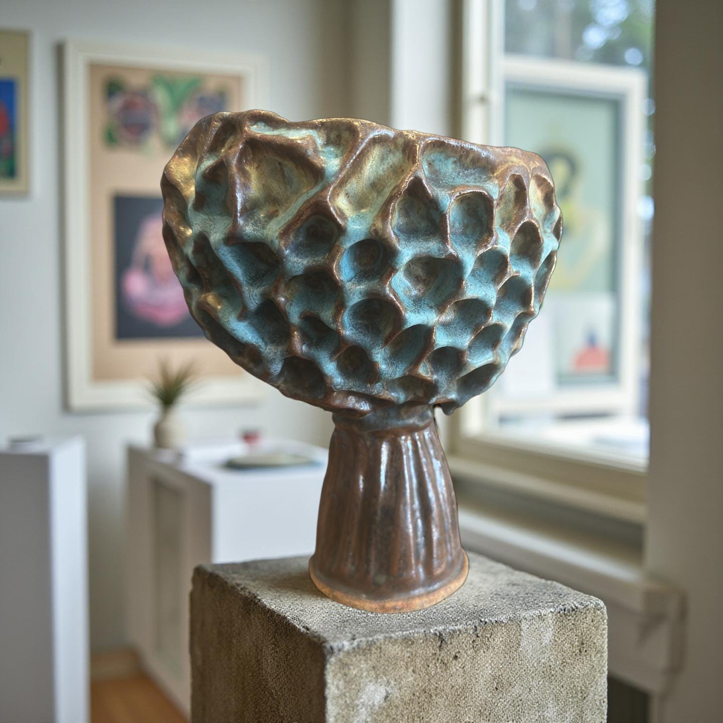 Handmade Ceramic Vase: Turquoise Bronze Rustic Honeycomb Texture