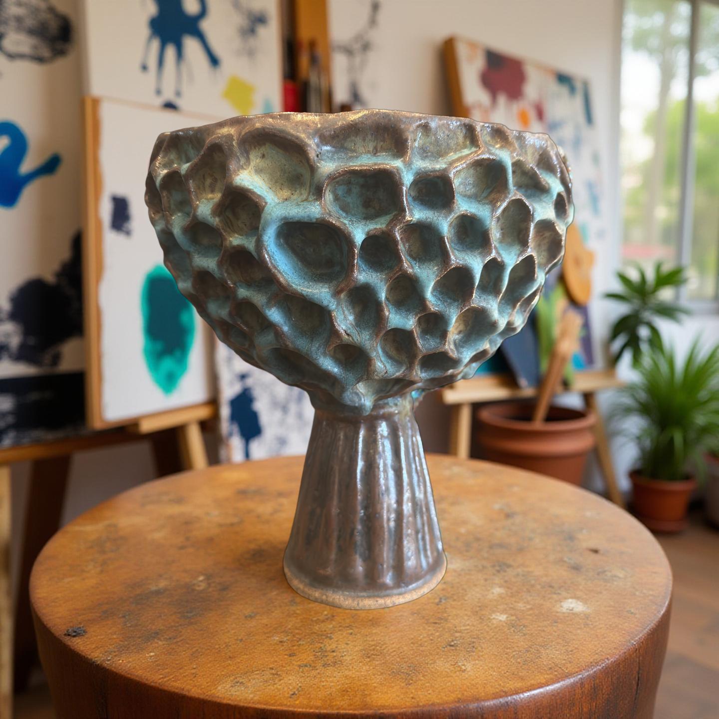 Handmade Ceramic Vase: Turquoise Bronze Rustic Honeycomb Texture