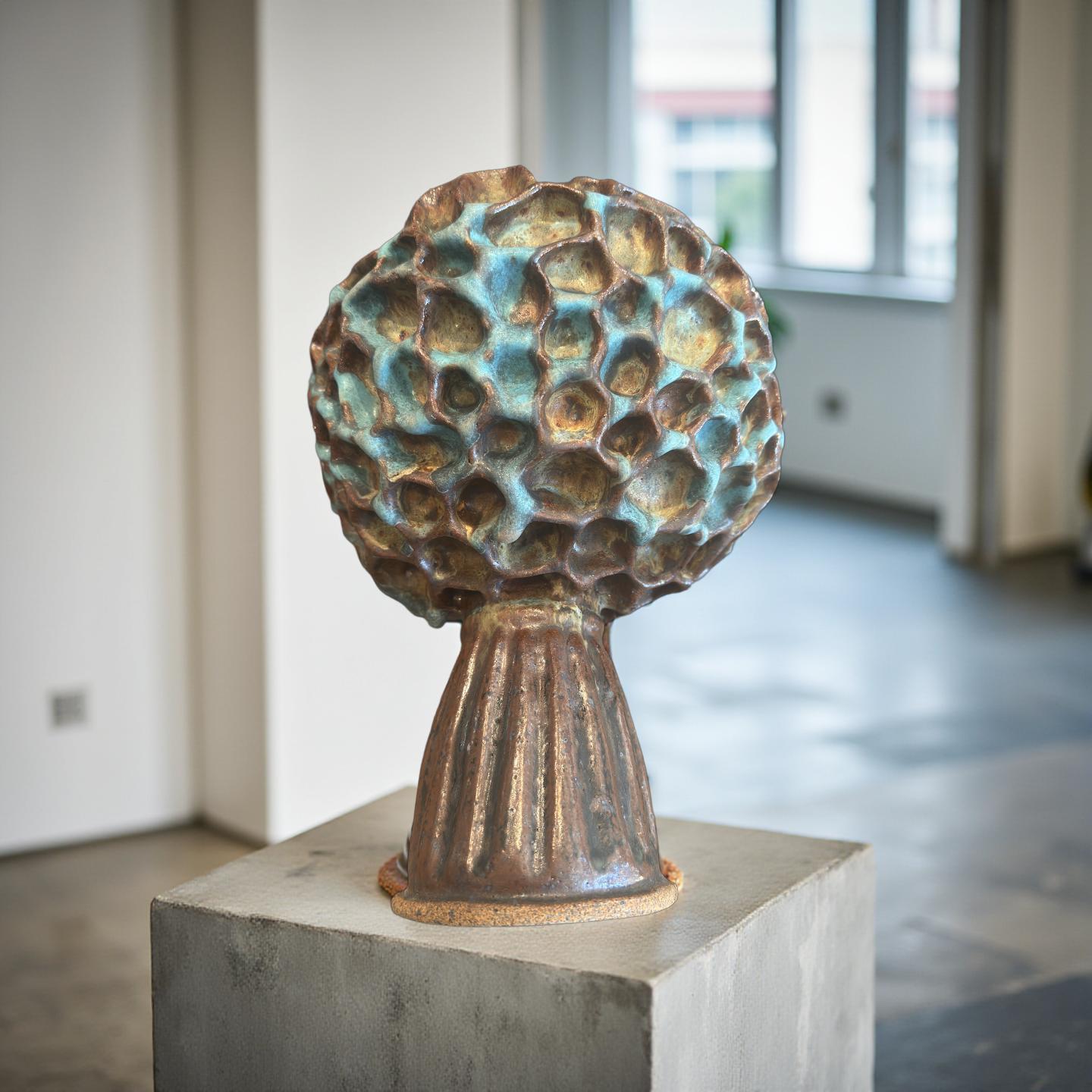 Handmade Ceramic Vase: Turquoise Bronze Rustic Honeycomb Texture