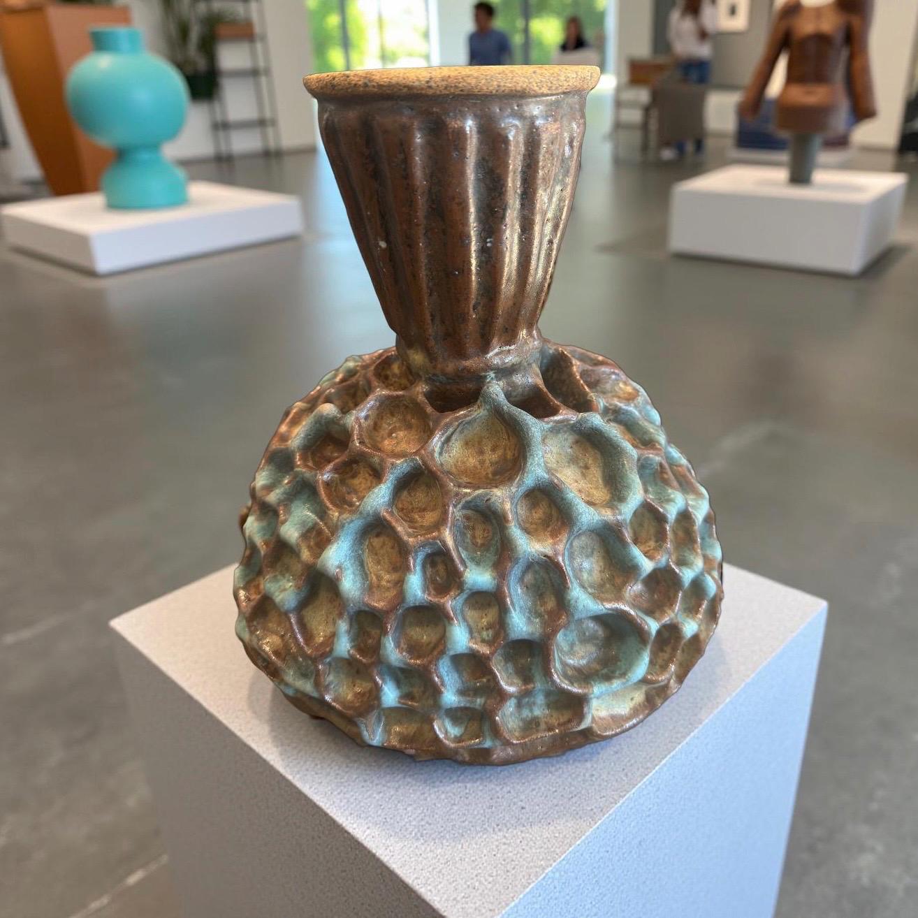 Handmade Ceramic Vase: Turquoise Bronze Rustic Honeycomb Texture