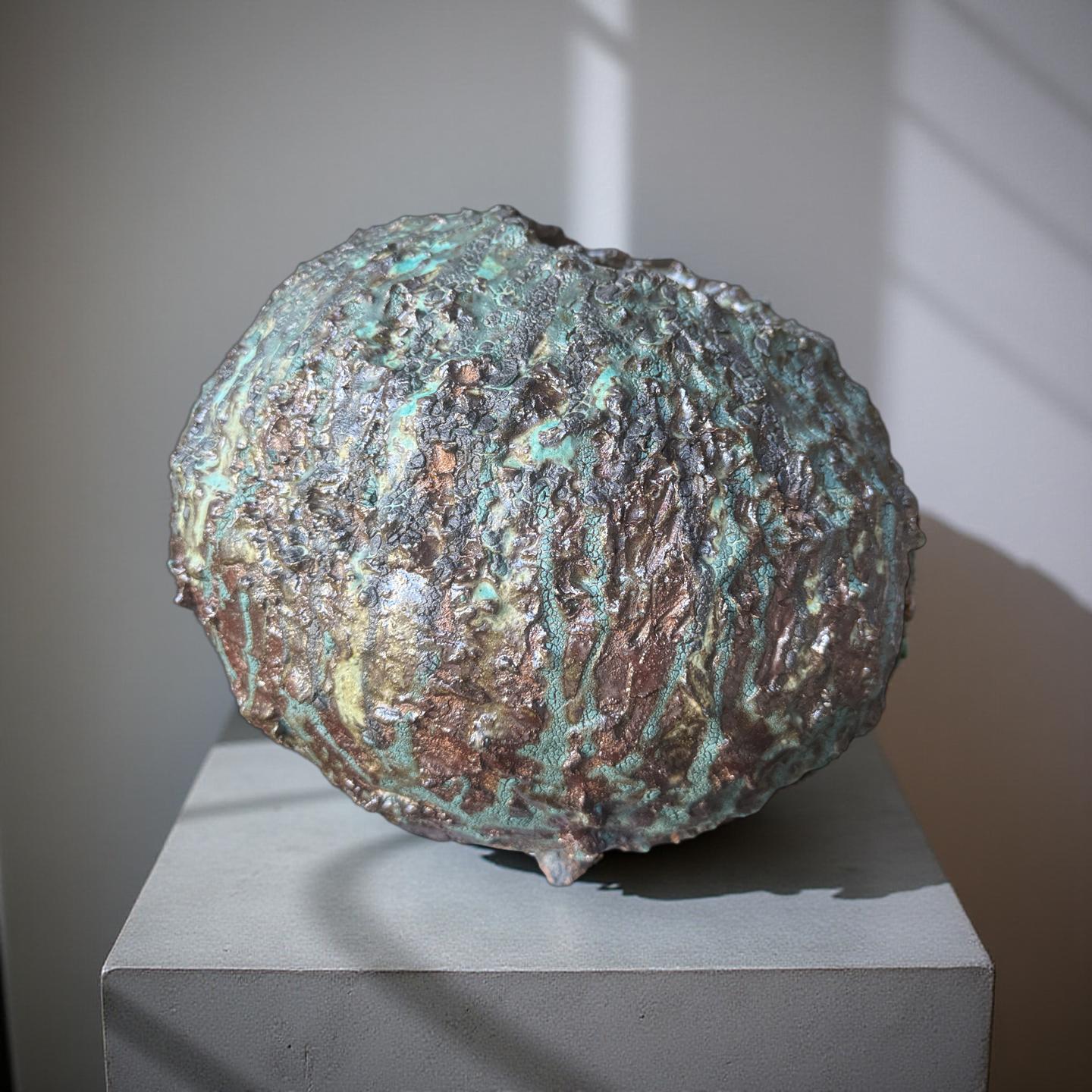 Textured Volcanic Glaze Ceramic Vessel – Crackled Green & Brown Sculptural vase