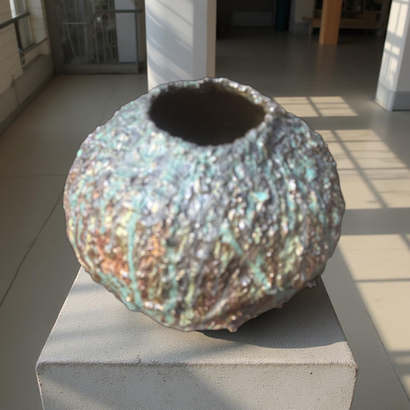 Textured Volcanic Glaze Ceramic Vessel – Crackled Green & Brown Sculptural vase