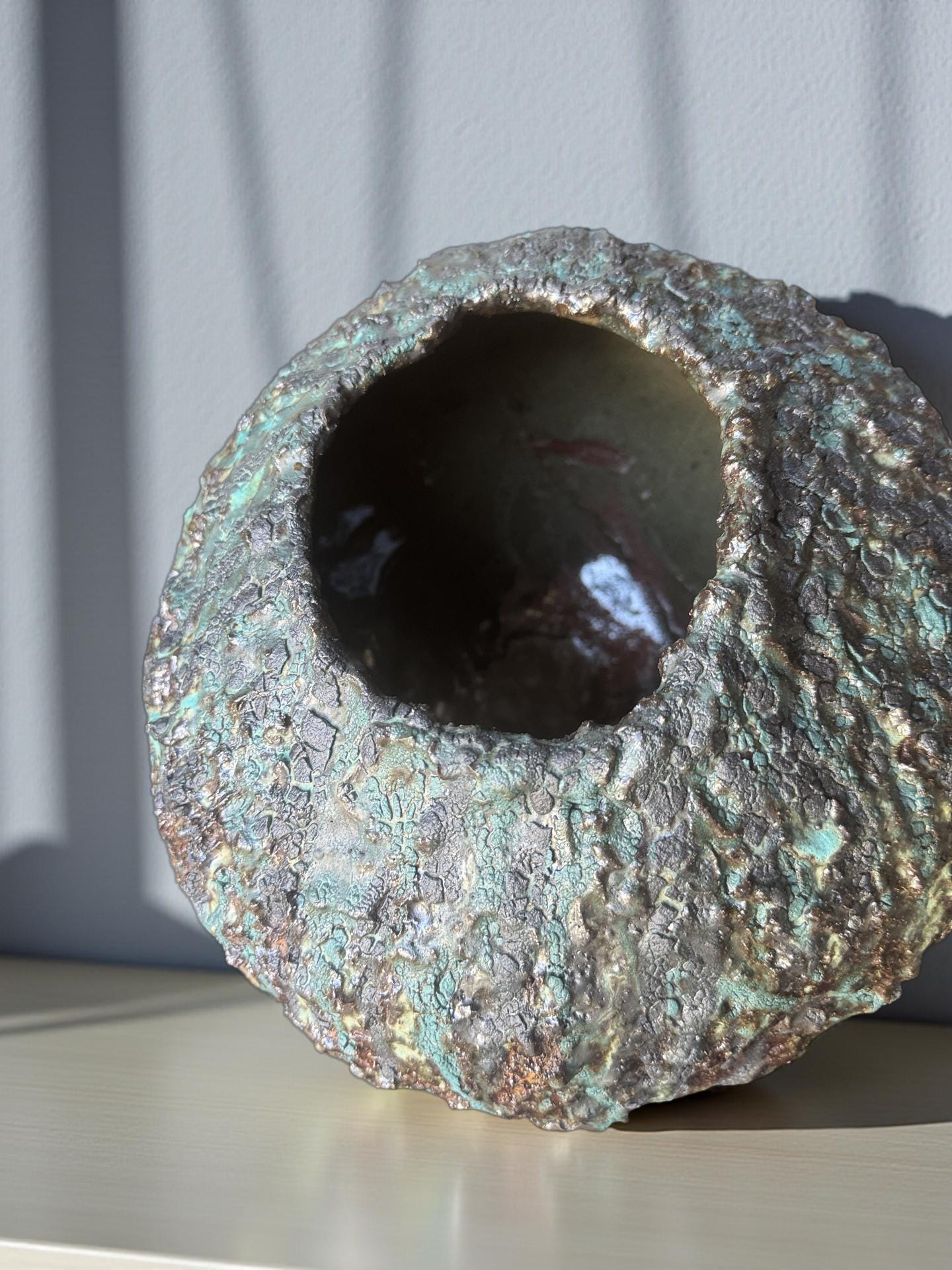 Textured Volcanic Glaze Ceramic Vessel – Crackled Green & Brown Sculptural vase