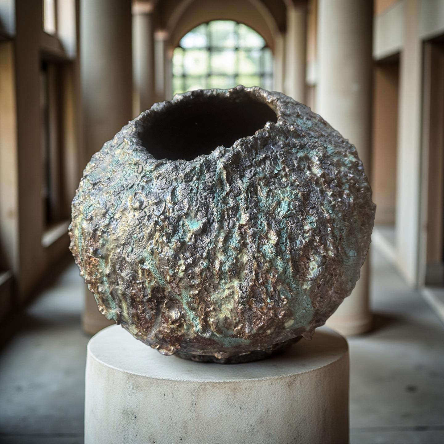 Textured Volcanic Glaze Ceramic Vessel – Crackled Green & Brown Sculptural vase