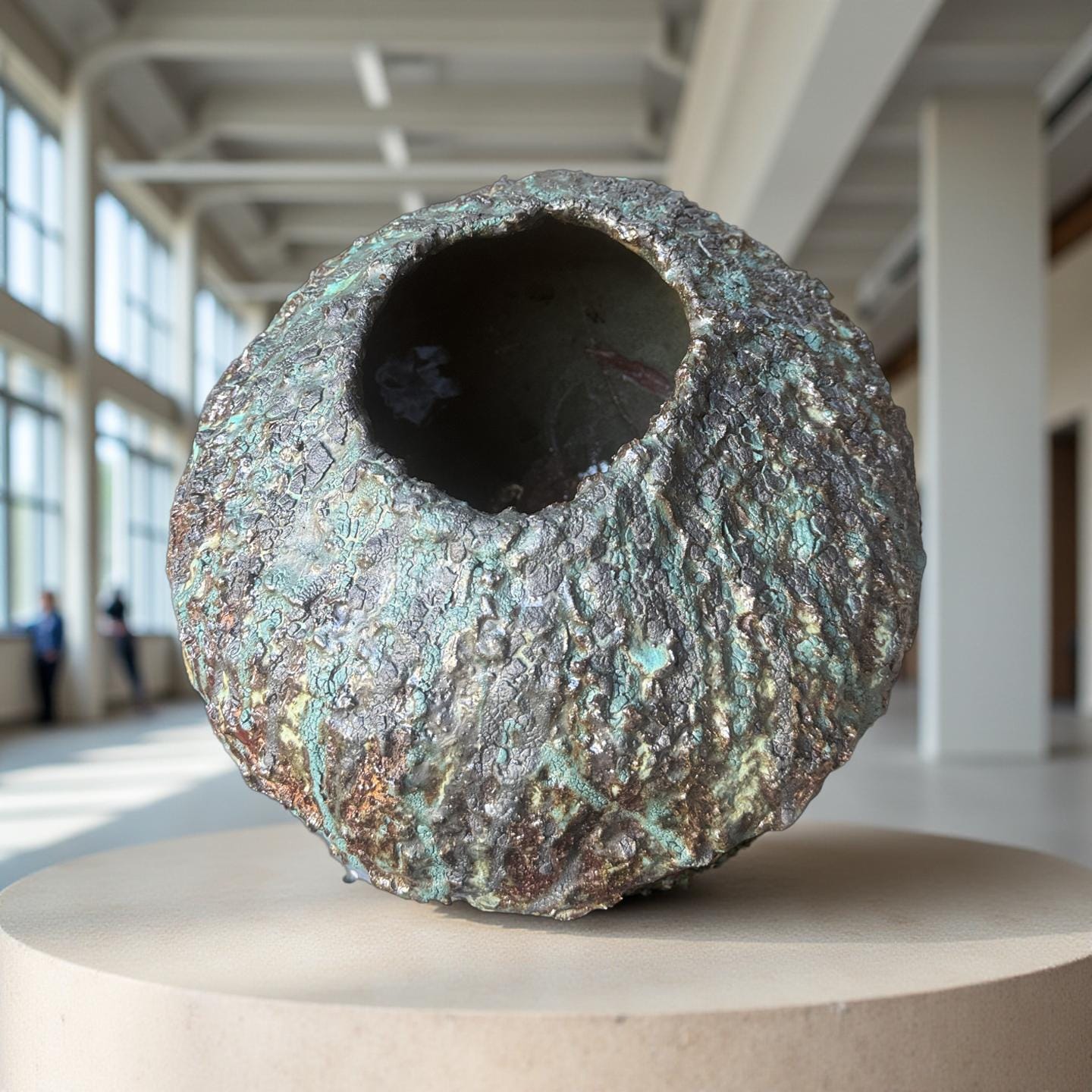 Textured Volcanic Glaze Ceramic Vessel – Crackled Green & Brown Sculptural vase