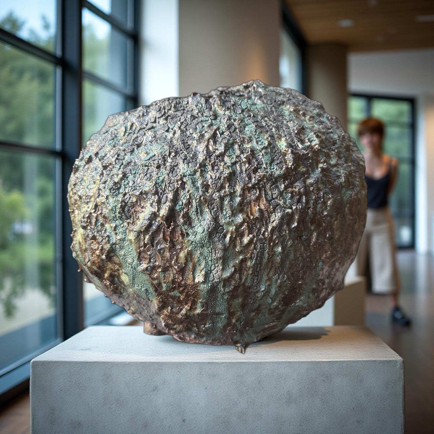 Textured Volcanic Glaze Ceramic Vessel – Crackled Green & Brown Sculptural vase