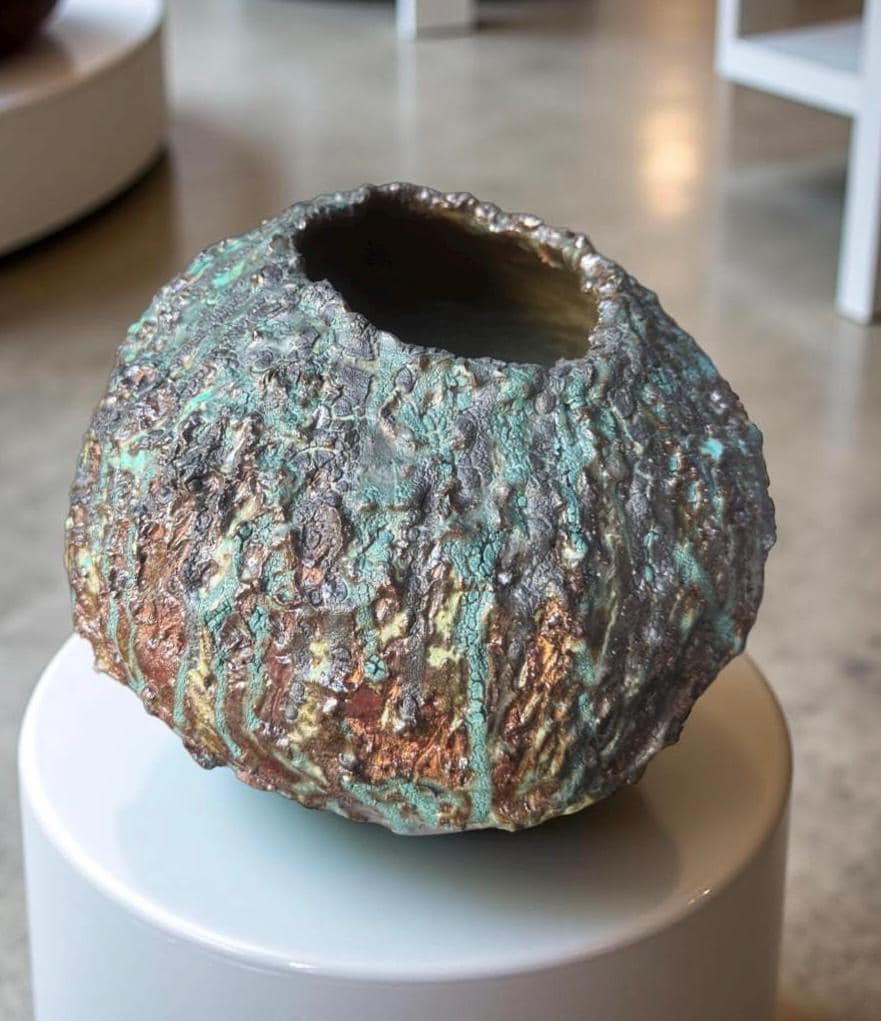 Textured Volcanic Glaze Ceramic Vessel – Crackled Green & Brown Sculptural vase
