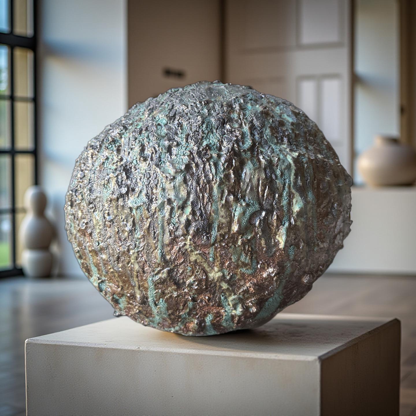 Textured Volcanic Glaze Ceramic Vessel – Crackled Green & Brown Sculptural vase