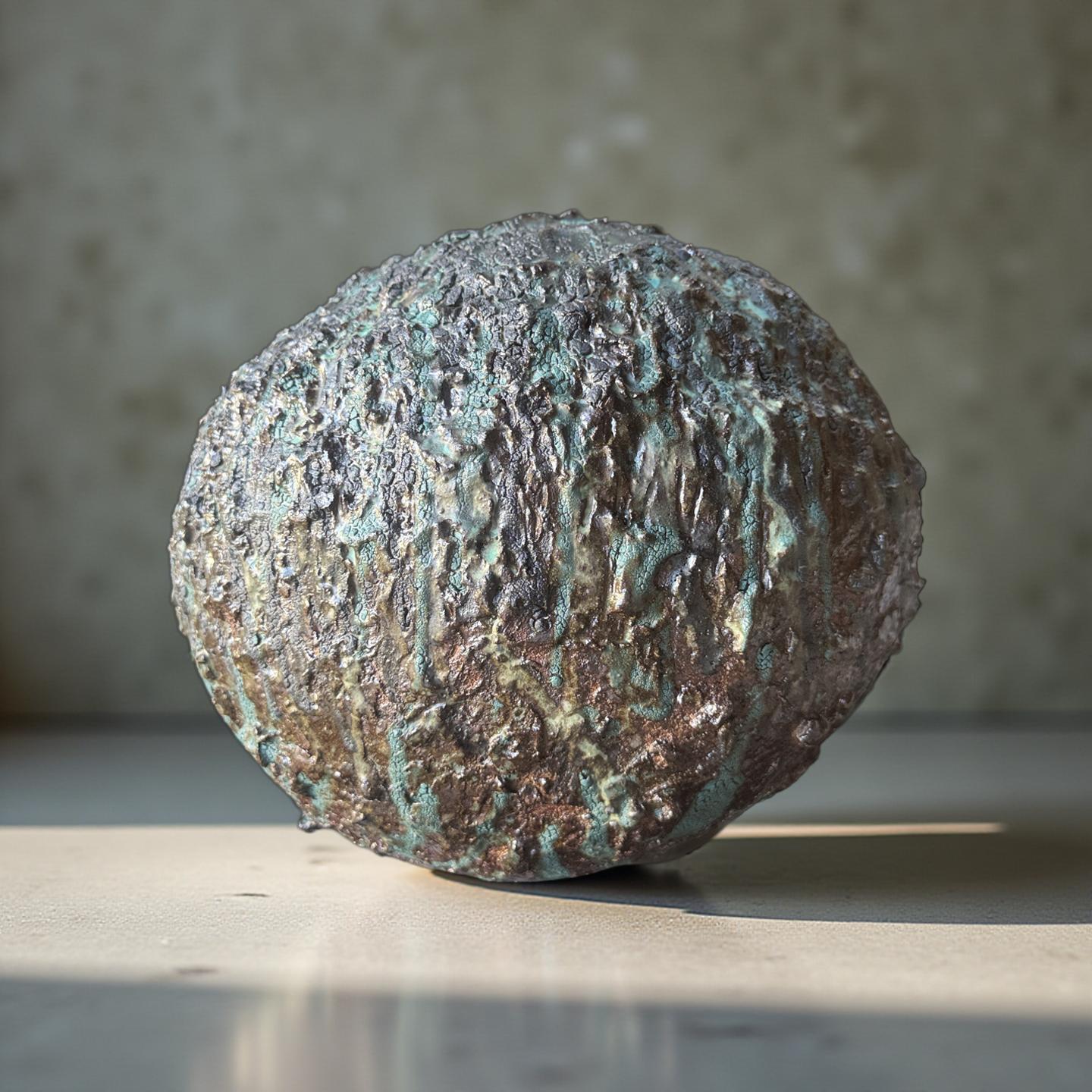 Textured Volcanic Glaze Ceramic Vessel – Crackled Green & Brown Sculptural vase