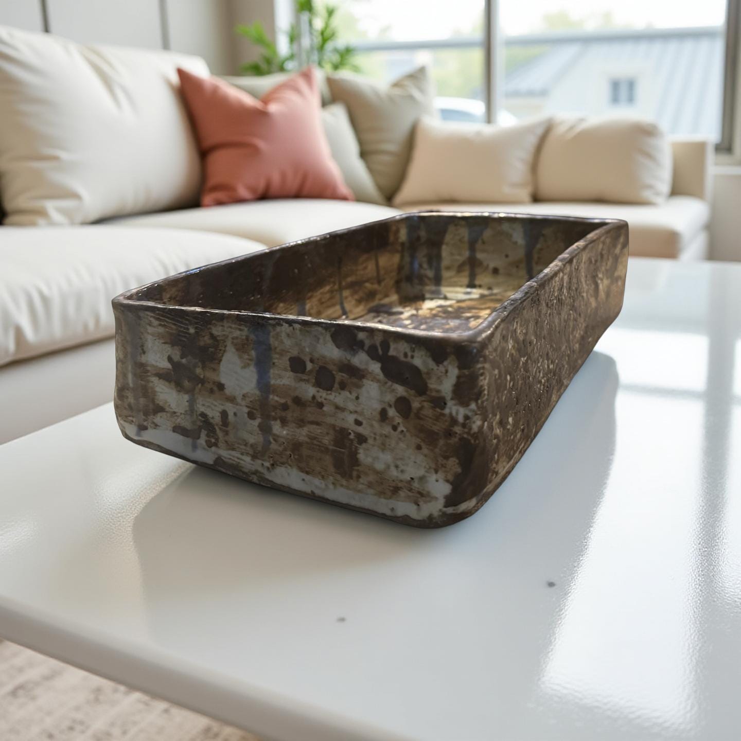 Handmade Rectangular Ceramic Vase – Sculptural Textured Ikebana Vessel with Earthy Glaze