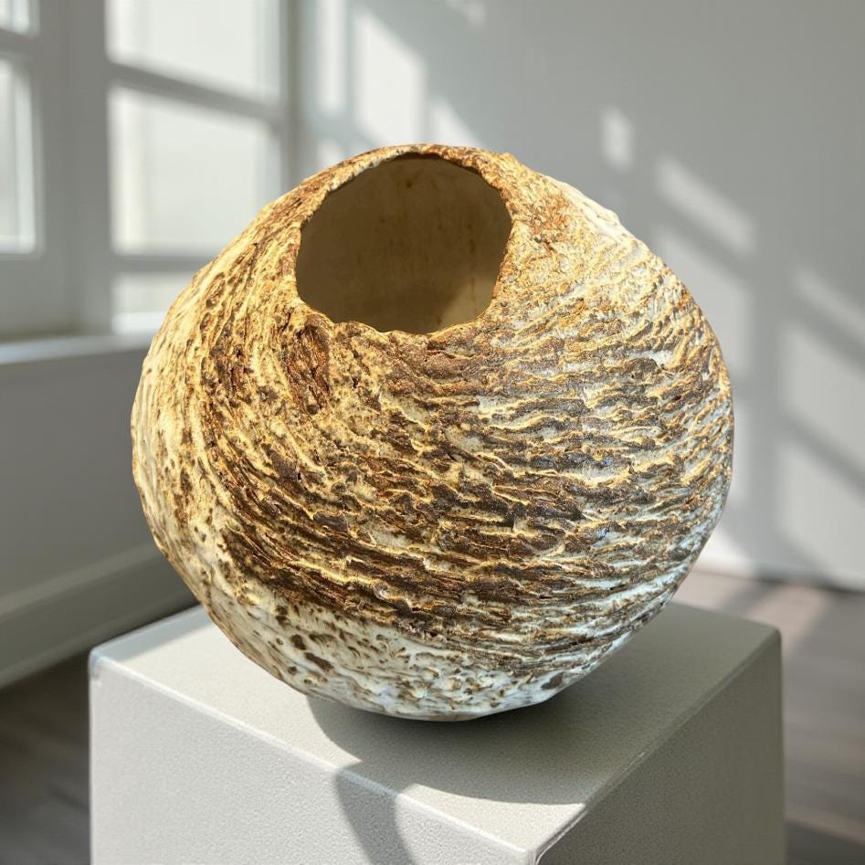 Handmade spherical ceramic vase with rough, cratered surface in earthy cream and brown tones, displayed on a pedestal under soft natural light.