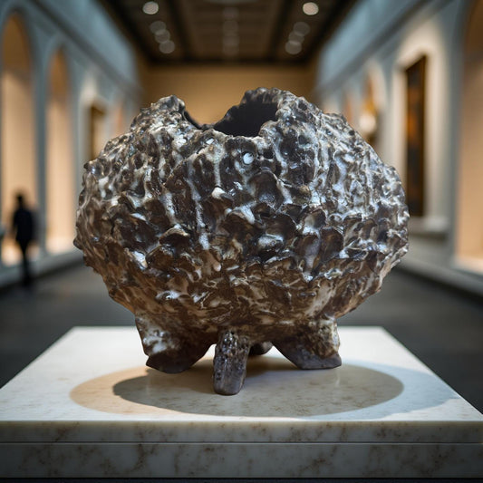 Volcanic-textured ceramic vessel with cratered glaze, standing on sculptural legs in a gallery setting