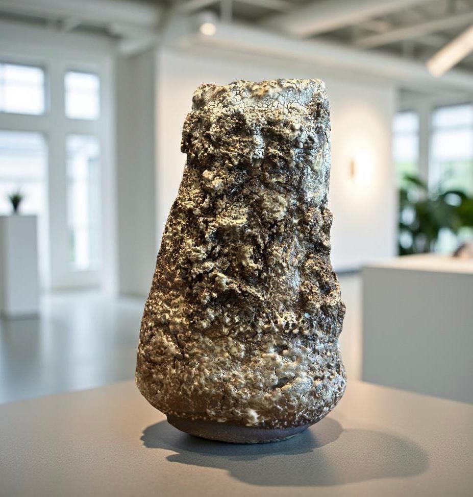 Rough-textured handmade ceramic vase with volcanic crater-like surface, shown in a modern white gallery space.