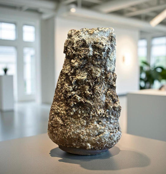 Rough-textured handmade ceramic vase with volcanic crater-like surface, shown in a modern white gallery space.