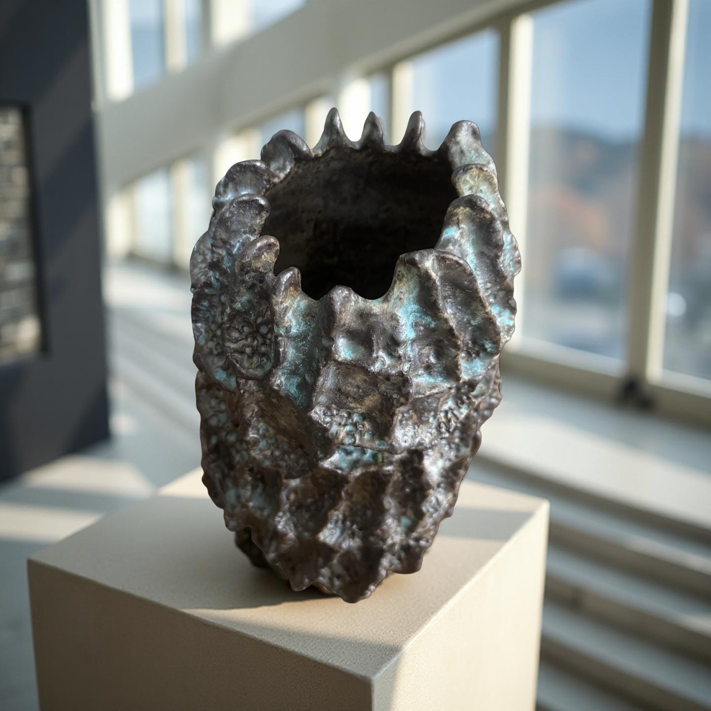 Hand-Built Art Ceramic Lava Bloom – Textured Ceramic Sculpture with Iridescent Blue Highlights