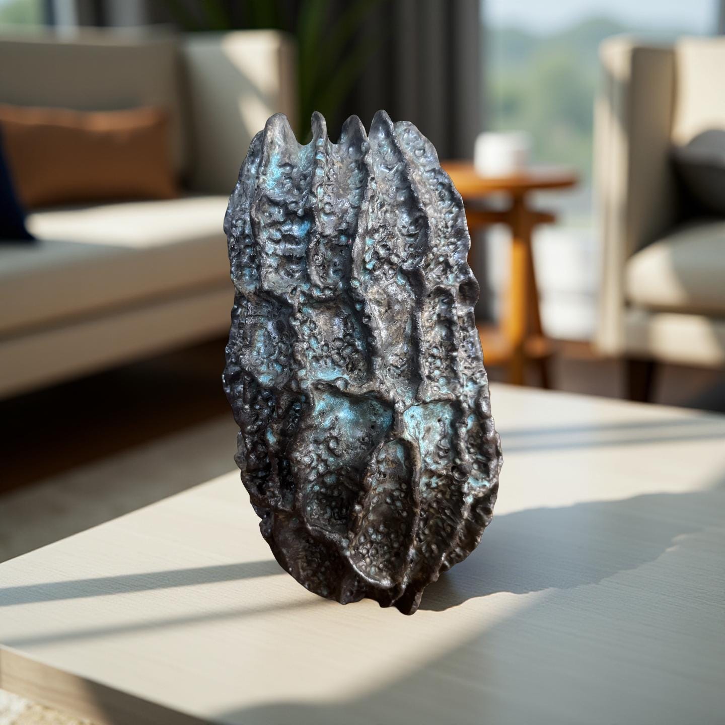 Hand-Built Art Ceramic Lava Bloom – Textured Ceramic Sculpture with Iridescent Blue Highlights