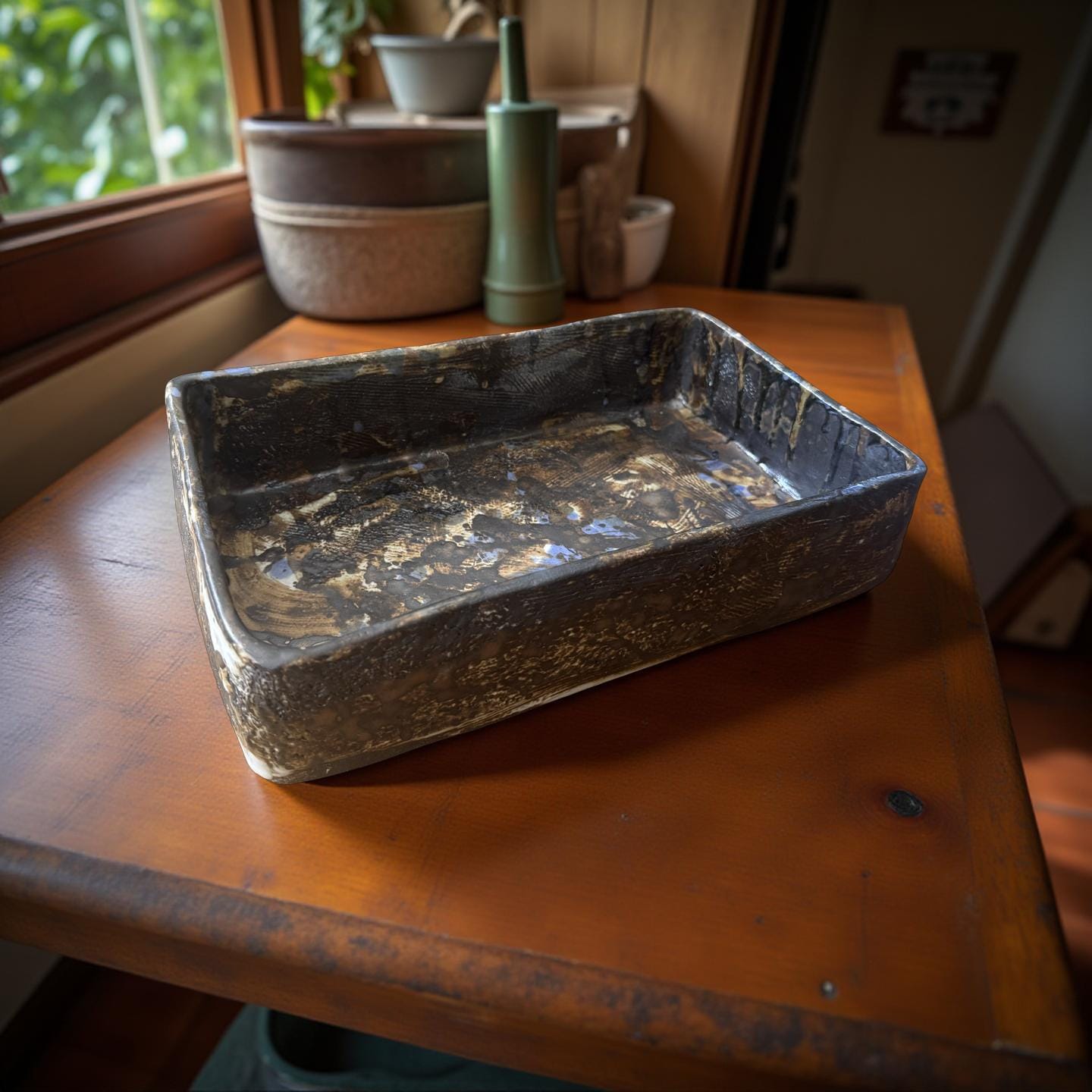 Handmade Rectangular Ceramic Vase – Sculptural Textured Ikebana Vessel with Earthy Glaze