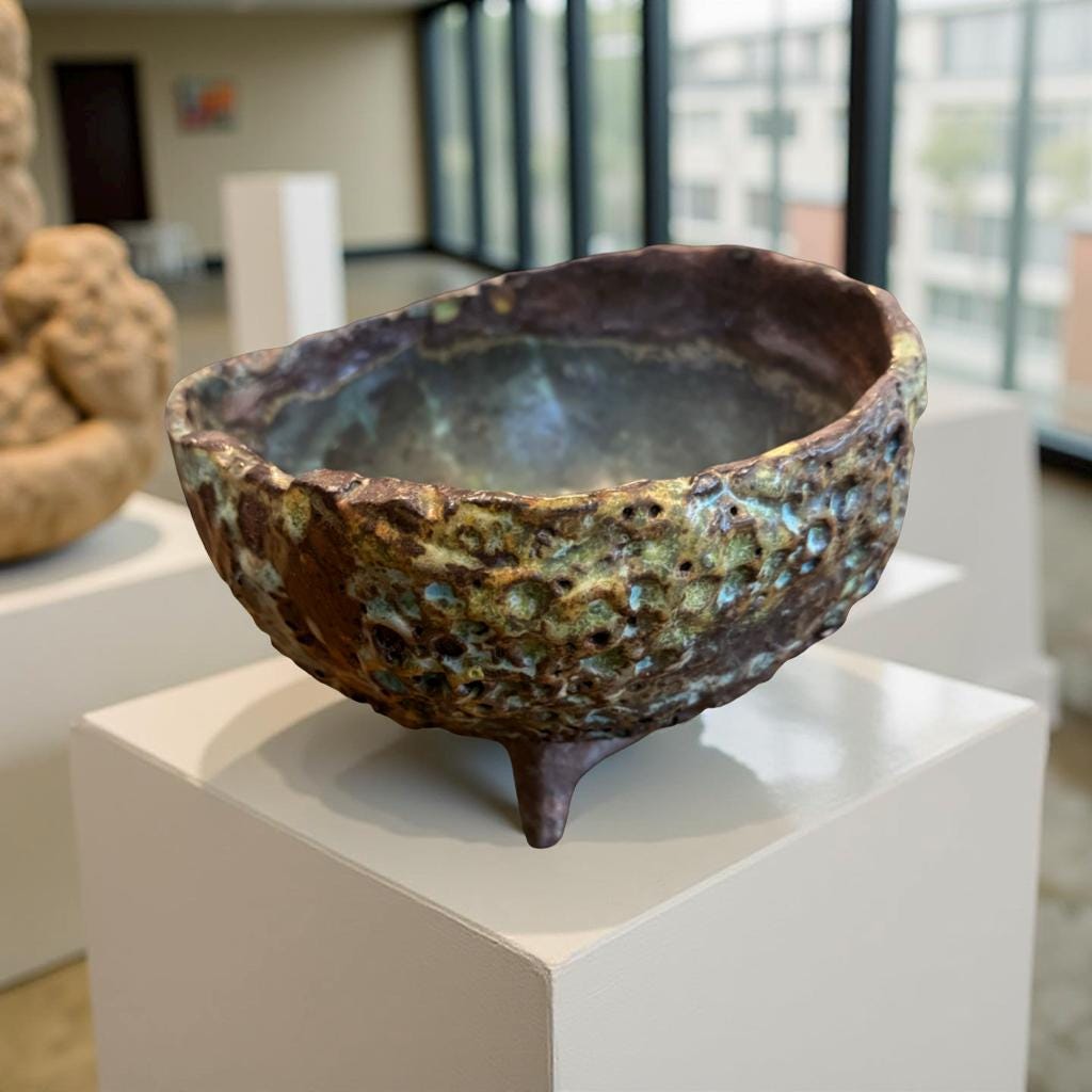 Handbuilt Ceramic Tripod Bowl with Volcanic Texture