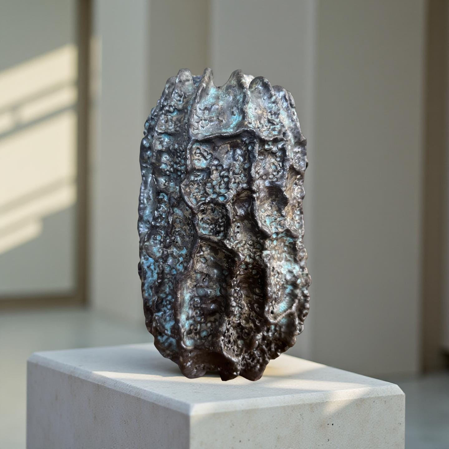 Hand-Built Art Ceramic Lava Bloom – Textured Ceramic Sculpture with Iridescent Blue Highlights