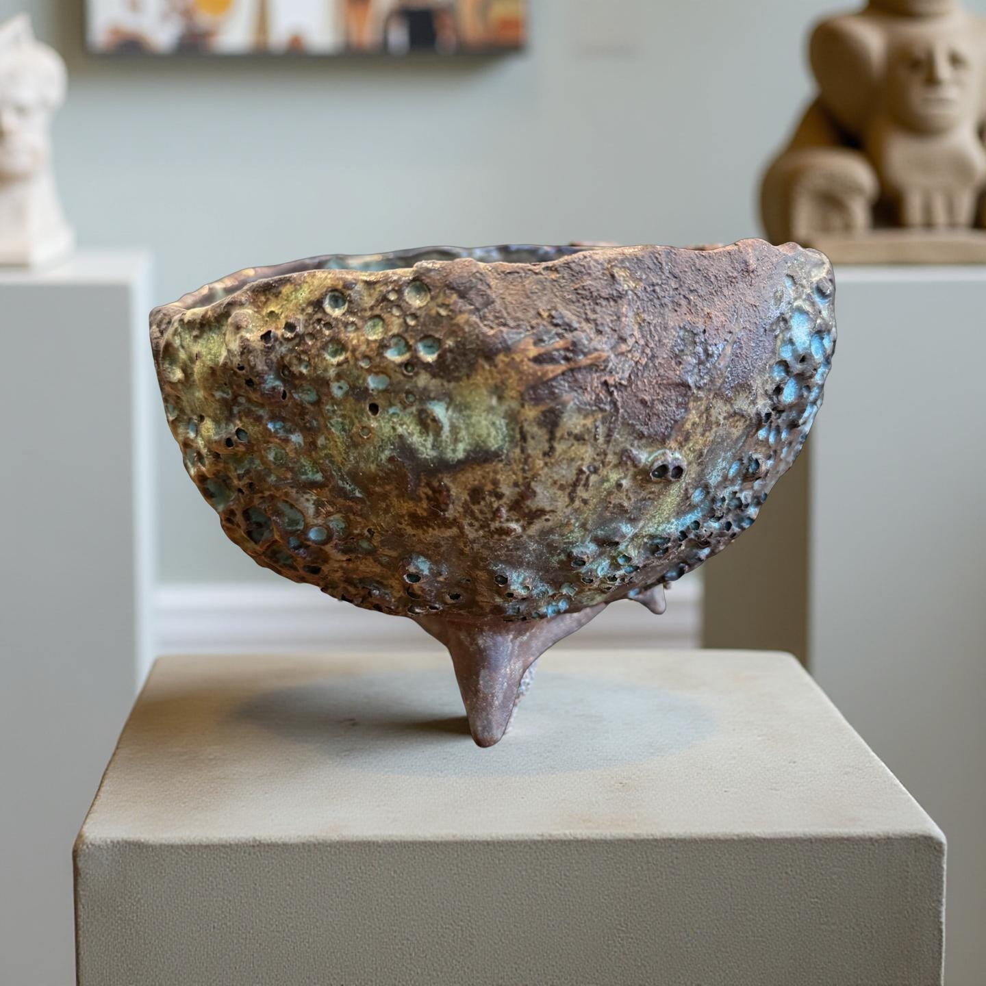 Handbuilt Ceramic Tripod Bowl with Volcanic Texture