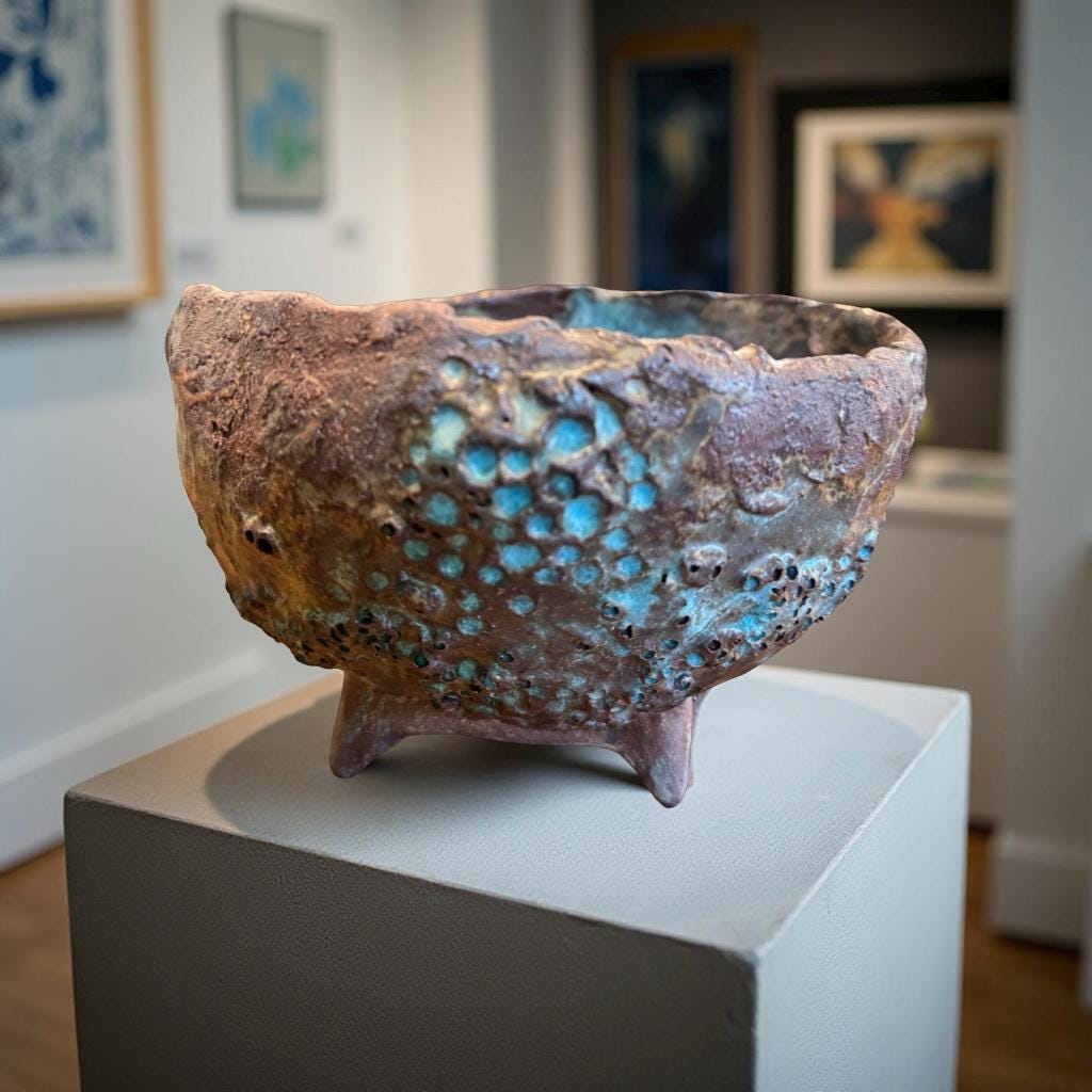 Handbuilt Ceramic Tripod Bowl with Volcanic Texture