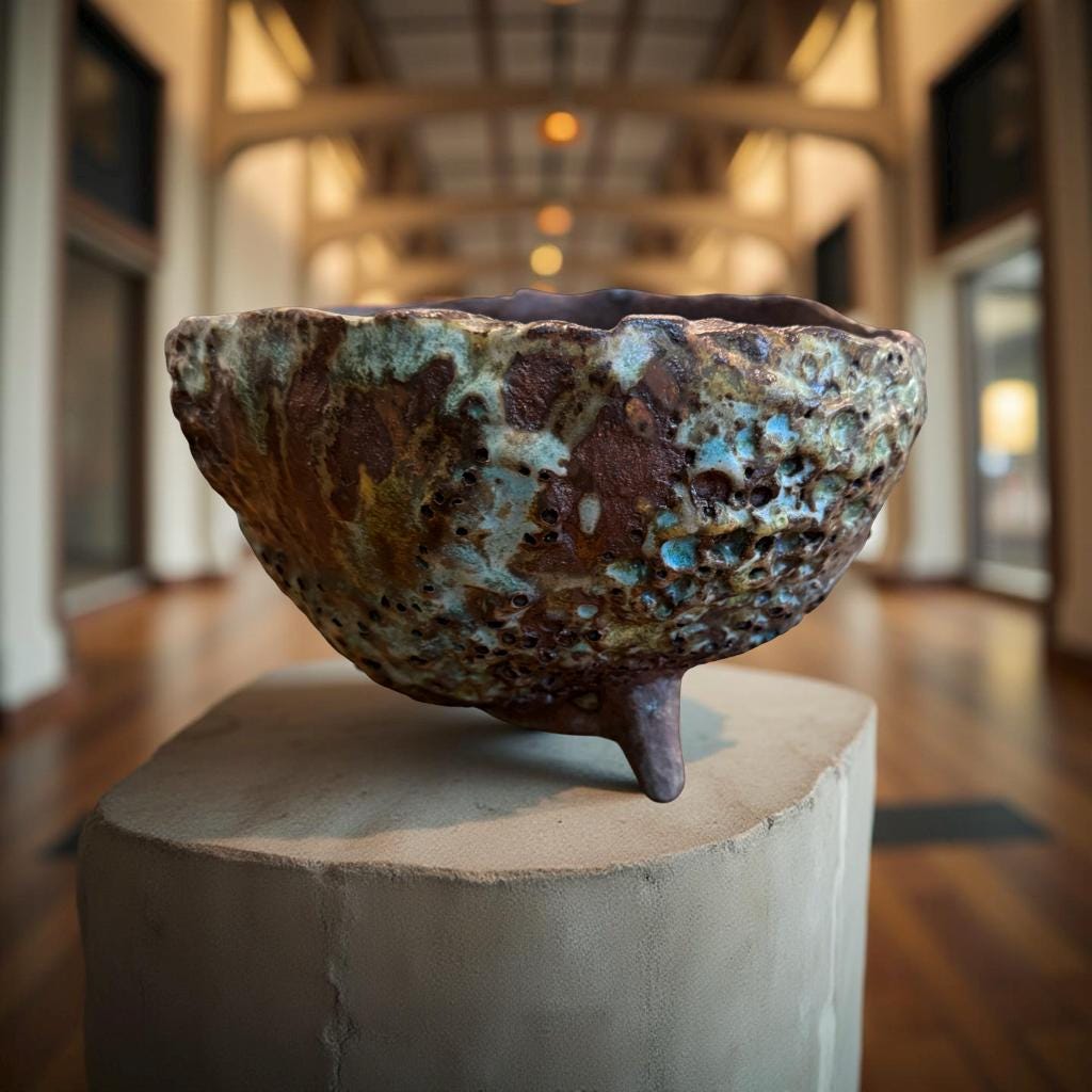 Handbuilt Ceramic Tripod Bowl with Volcanic Texture