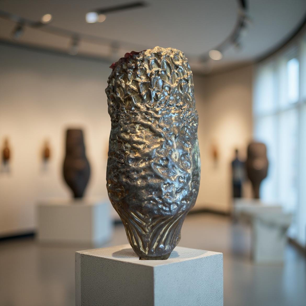 A dark bronze ceramic vase with a textured, organic surface. The vase's form is reminiscent of a stylized flower or plant, with a bulbous body tapering to a slightly flared base. The surface displays a multitude of small, irregular bumps and crevices, creating a rough, almost rocky texture.  The color is a deep, dark bronze with hints of lighter, almost golden tones in the crevices. The overall style is modern and artistic, suggesting a handcrafted or sculptural piece.