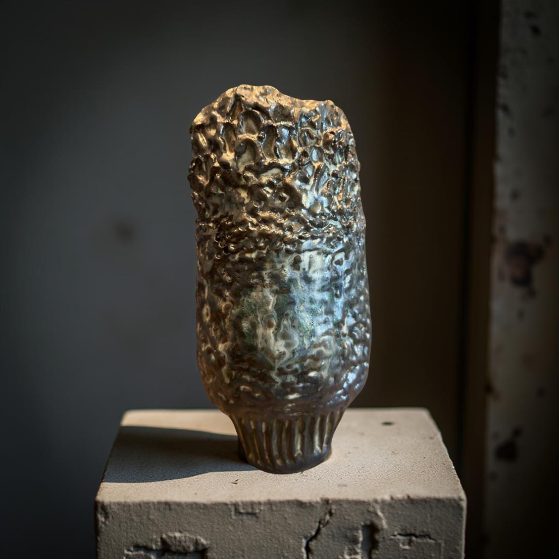 A dark metallic gray ceramic vase with a textured, rough surface. The vase has an irregular, organic shape, resembling a rock formation.  The texture is uneven, with raised bumps and crevices throughout. The base of the vase is slightly narrower than the top, creating a slightly tapered form. The overall color is a dark, mottled gray with hints of green and white in the crevices, suggesting a glaze or patina. The piece is a unique, handcrafted ceramic art object.