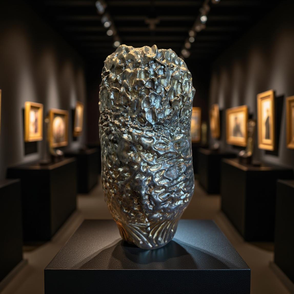 Close-up view of a metallic, textured ceramic vase. The vase's surface exhibits a rough, uneven texture resembling a rocky or craggy formation. Its color is a dark, metallic silver with hints of gold, creating a shimmering effect. The base of the vase shows smoother, wave-like detailing. The overall style suggests a modern, artistic, or sculptural approach to ceramic design.
