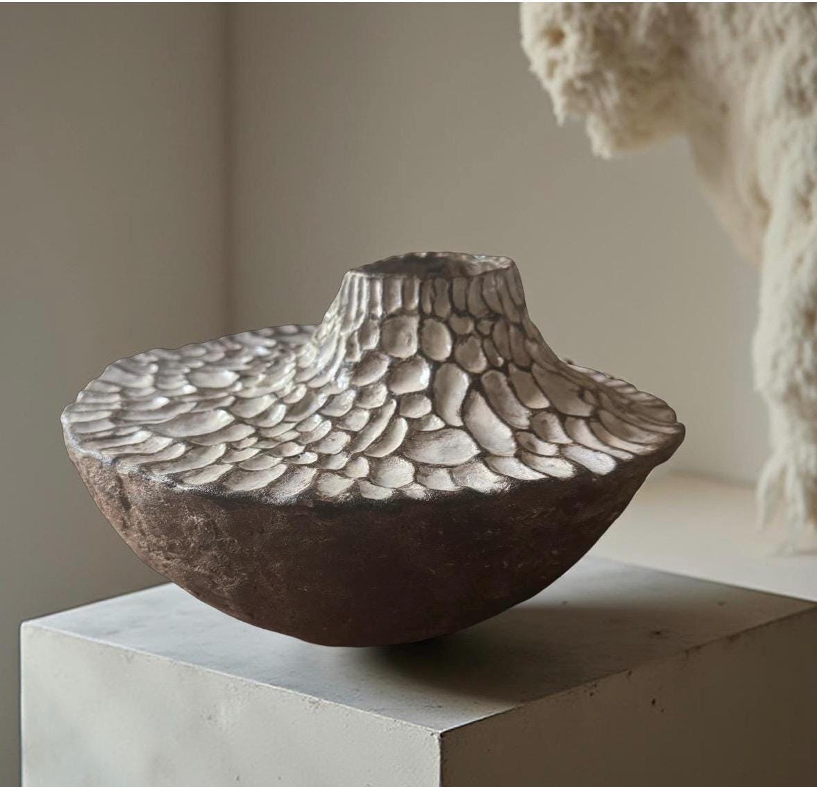 Sculptural Ceramic Vessel with Textured Top – Handcrafted Earth-Toned Art Piece