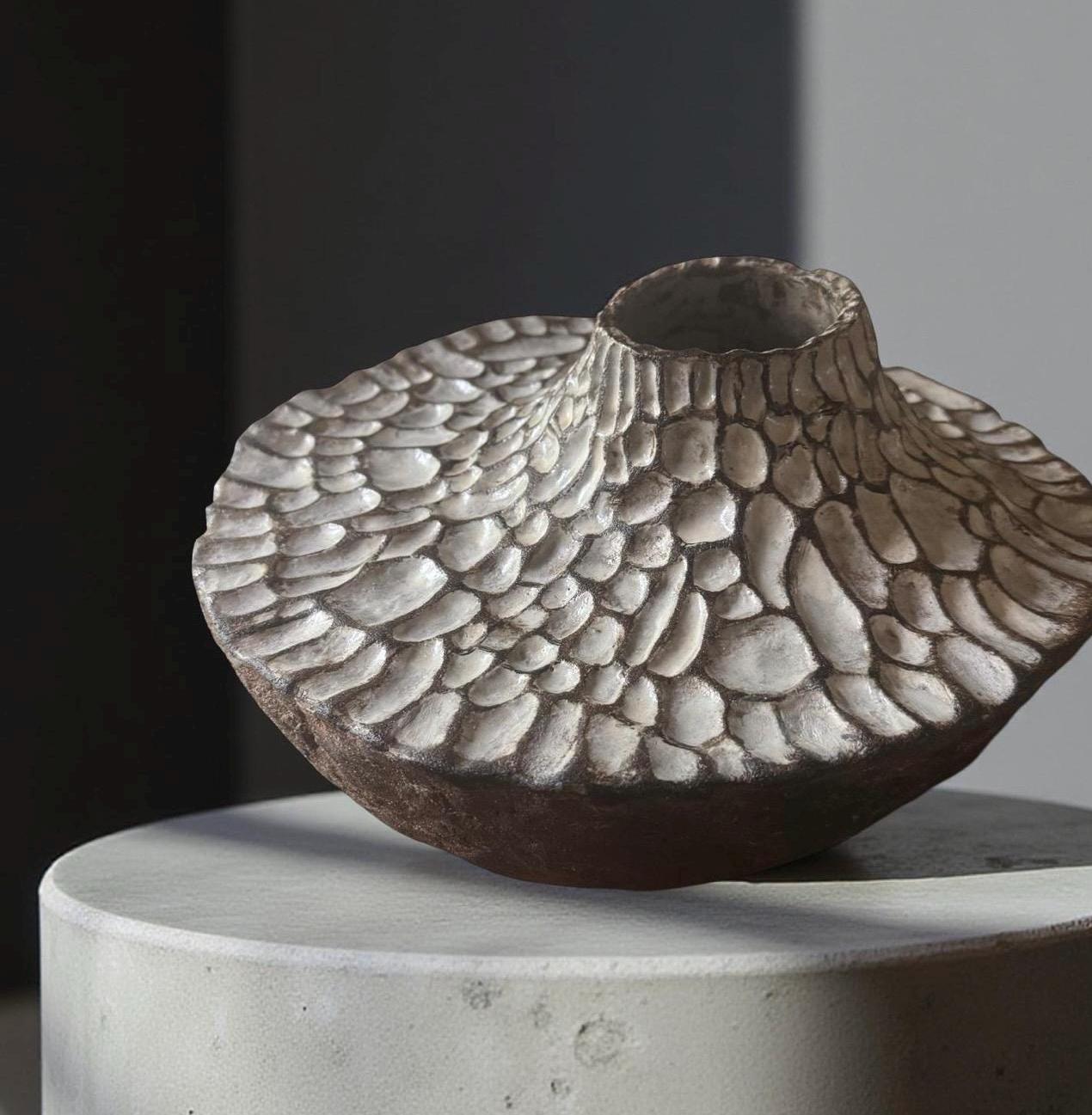 Sculptural Ceramic Vessel with Textured Top – Handcrafted Earth-Toned Art Piece
