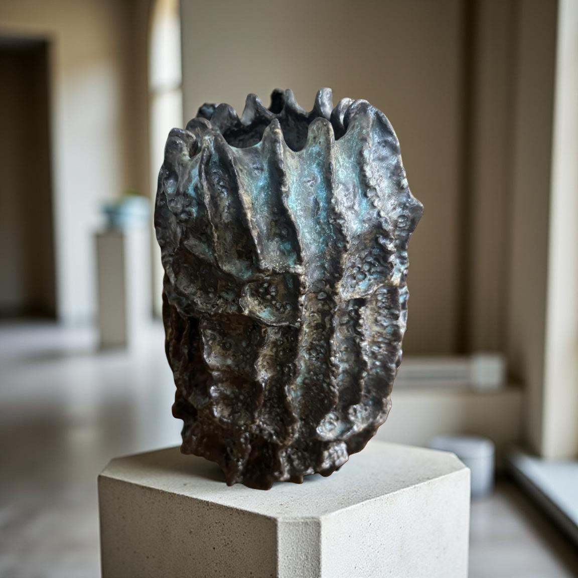 Hand-Built Art Ceramic Lava Bloom – Textured Ceramic Sculpture with Iridescent Blue Highlights