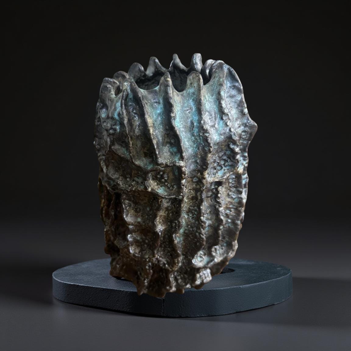 Hand-Built Art Ceramic Lava Bloom – Textured Ceramic Sculpture with Iridescent Blue Highlights